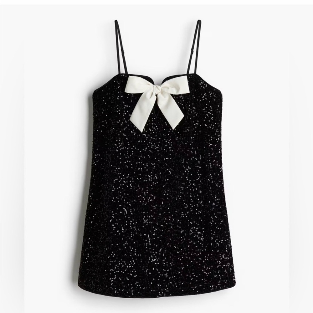 H&M Black Sequin Bow Sleeveless Scoop Neck Mini Party Dress, Size S